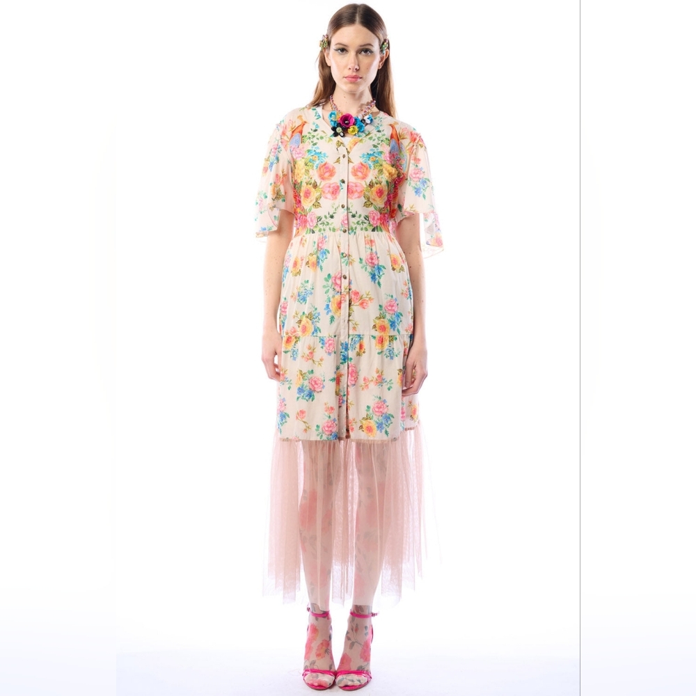 Aratta Cream Floral Button-Front Asymmetrical Tulle Dress